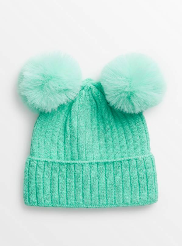 Green Pom Pom Ribbed Beanie Hat 3-5 years